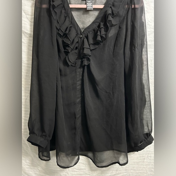 Covington Women’s Pullover Blouse Black Ruffle Front Sheer Long Sleeve Size L - Picture 3 of 6